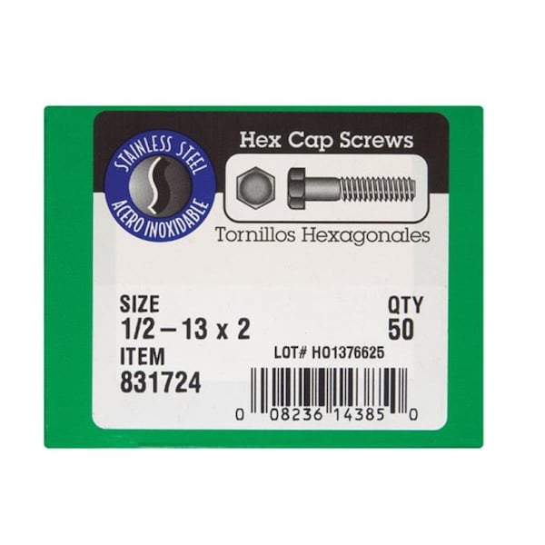 Hillman Hex Head Cap Screw, Plain Stainless Steel, 2 in L, 4 PK 1203405 - main